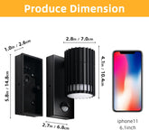 Dimensions of two black outdoor lights compared to an iPhone X on a white background.